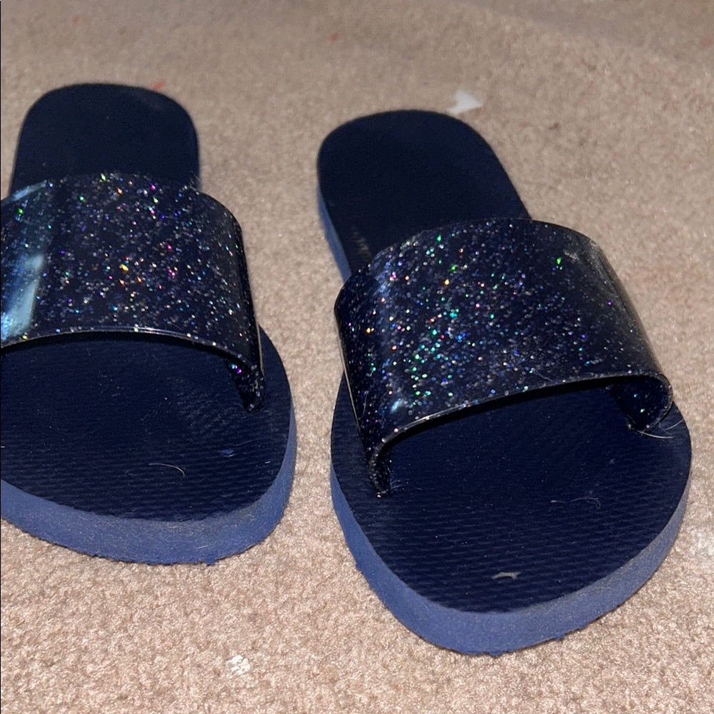 Blue Sparkly Slide Sandals with Glitter Strap